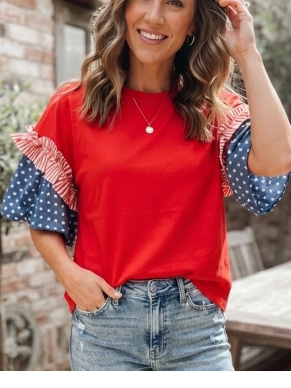 Amazon Red Top with Blue Star and Stripe Ruffle Sleeves